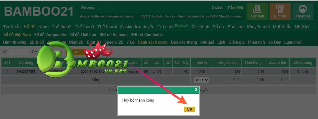 Hướng Dẫn Hủy Cược Số Đề BamBoo21